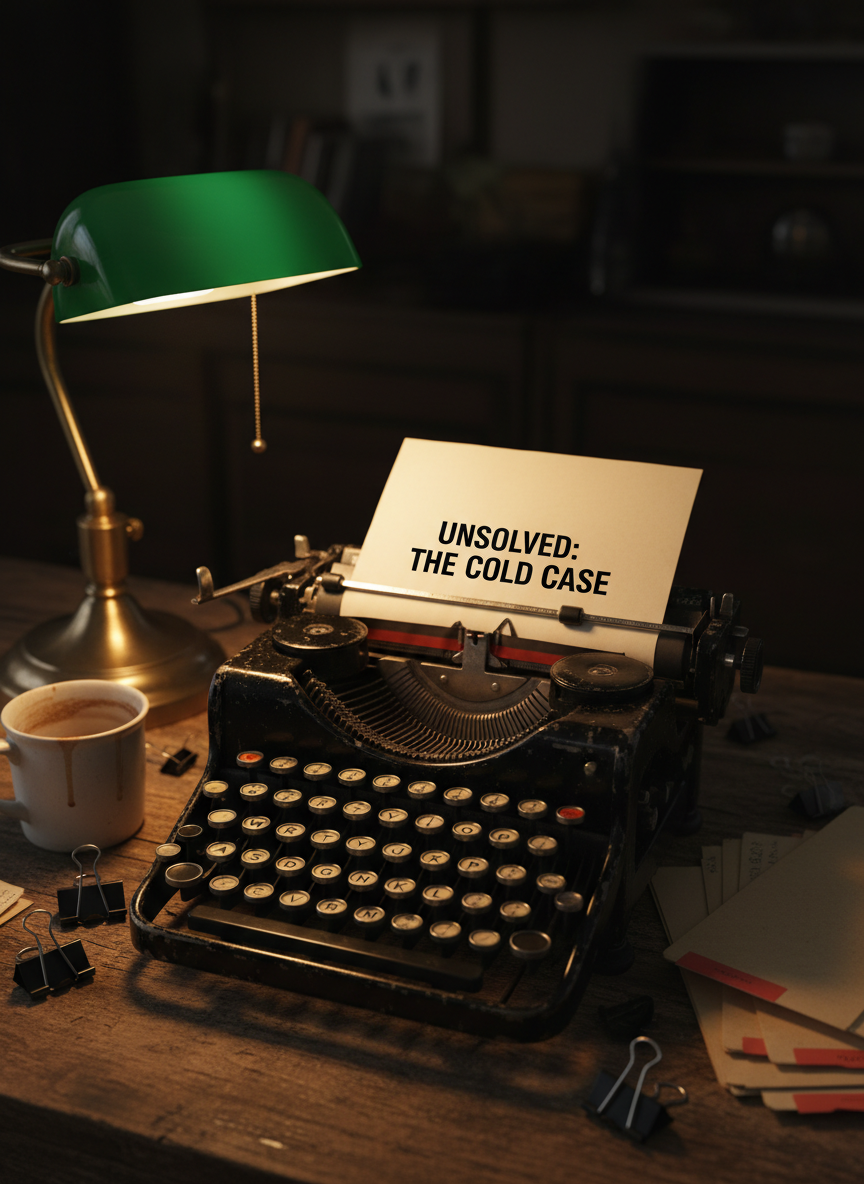 A vintage typewriter with dark, chipped enamel and round, metal-rimmed keys sits on a battered wooden desk, a single sheet of paper rolled into the carriage bearing the bold title "UNSOLVED: THE COLD CASE" in stark black letters. Scattered around are black binder clips, a half-empty coffee mug with dried rings, and a small stack of manila folders with red tabs. A desk lamp with a green glass shade throws warm, focused light over the keys and page, while the rest of the room recedes into shadowed ambiguity. Shot from a slightly elevated, close-up perspective, the front row of keys is crisply detailed while the rear objects blur gently, creating a shallow depth of field. The photographic realism and noir-inspired atmosphere suggest the relentless work of a true crime journalist piecing together a decades-old mystery.