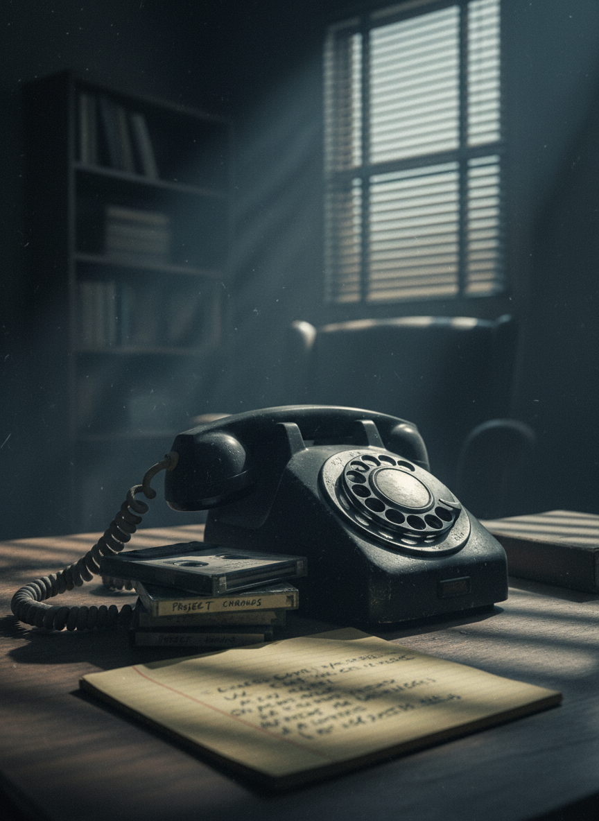 An old, rotary-dial telephone with a dull black finish and frayed cloth cord sits on a dusty wooden desk in a darkened room. Beside it, a small stack of aged cassette tapes labeled with cryptic case numbers and a yellow legal pad covered in hurried, slanted notes suggest late-night investigation work. The only light comes from a narrow beam of streetlamp glow seeping through half-closed blinds, casting horizontal slats of light and shadow across the scene. The photograph is composed at a low, three-quarter angle, with the phone’s receiver in sharp focus and the background fading into soft grain. The overall aesthetic is moody and cinematic, with cool, muted colors and heavy contrast, evoking the ominous tension of anonymous tips and recorded confessions in a true crime story.