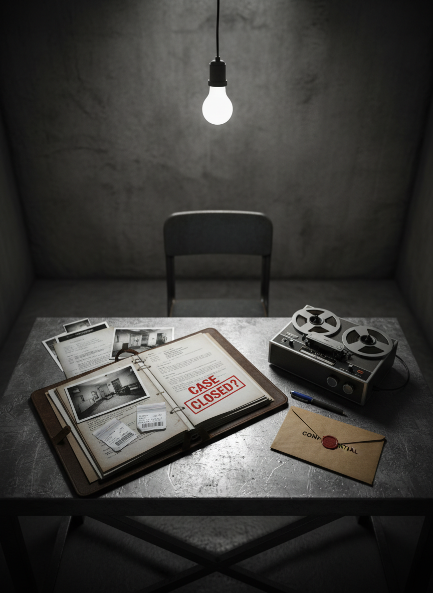 A worn, leather-bound case file lies open on a scratched metal interrogation table, its pages thick with photocopied reports, grainy black-and-white crime scene diagrams, and clipped evidence bag labels. A stainless-steel tape recorder, a capped ballpoint pen, and a manila envelope stamped "CONFIDENTIAL" sit nearby, slightly askew. Overhead, a single bare bulb casts stark, top-down lighting that pools on the tabletop and leaves the corners of the small concrete room in deep shadow. Captured from a slightly elevated angle, the focus rests on the bold red "CASE CLOSED?" stamp half-visible on a page, with the background softly blurred. The photographic style, cold color tones, and empty chair pushed back from the table evoke a tense, unresolved mood suitable for an investigative true crime article.
