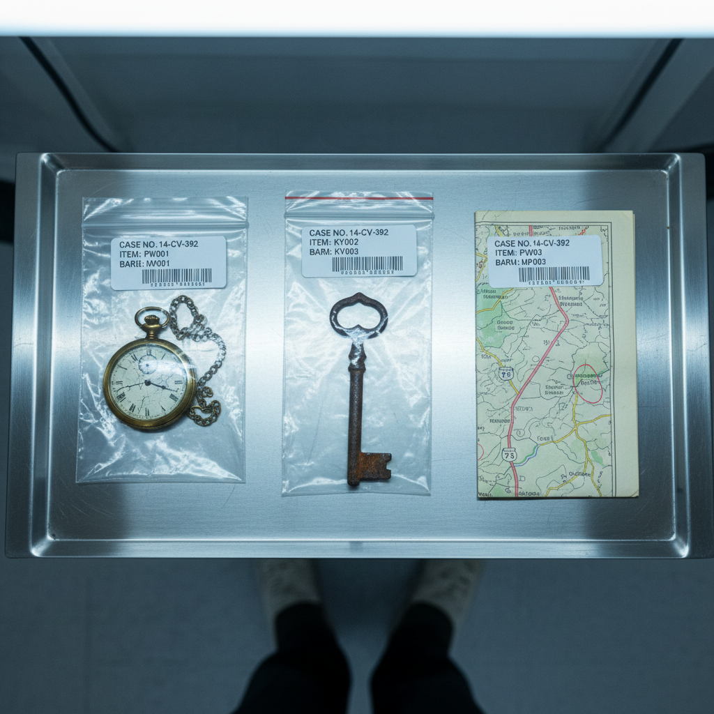 A small evidence table is arranged with meticulous precision: a clear plastic bag holding a tarnished pocket watch, another labeled bag containing a single rusted key, and a folded map marked with faint red circles along a rural highway. Each item bears a white tag with typed case numbers and barcodes. The table’s stainless-steel surface reflects subtle, distorted duplicates of the objects. Overhead, cool, clinical fluorescent lighting washes the scene in a pale blue cast, emphasizing sterility. The photograph is composed at an overhead, bird’s-eye view, with sharp focus across the entire frame, inviting viewers to inspect every clue. The mood is methodical and chillingly detached, evoking the painstaking detail of forensic investigation for a niche true crime blog post about connecting overlooked pieces of evidence.